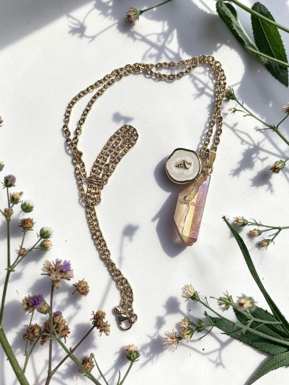 Gold Chain Necklace with Champagne Quartz Pendant and Mother-of-Pearl Charm